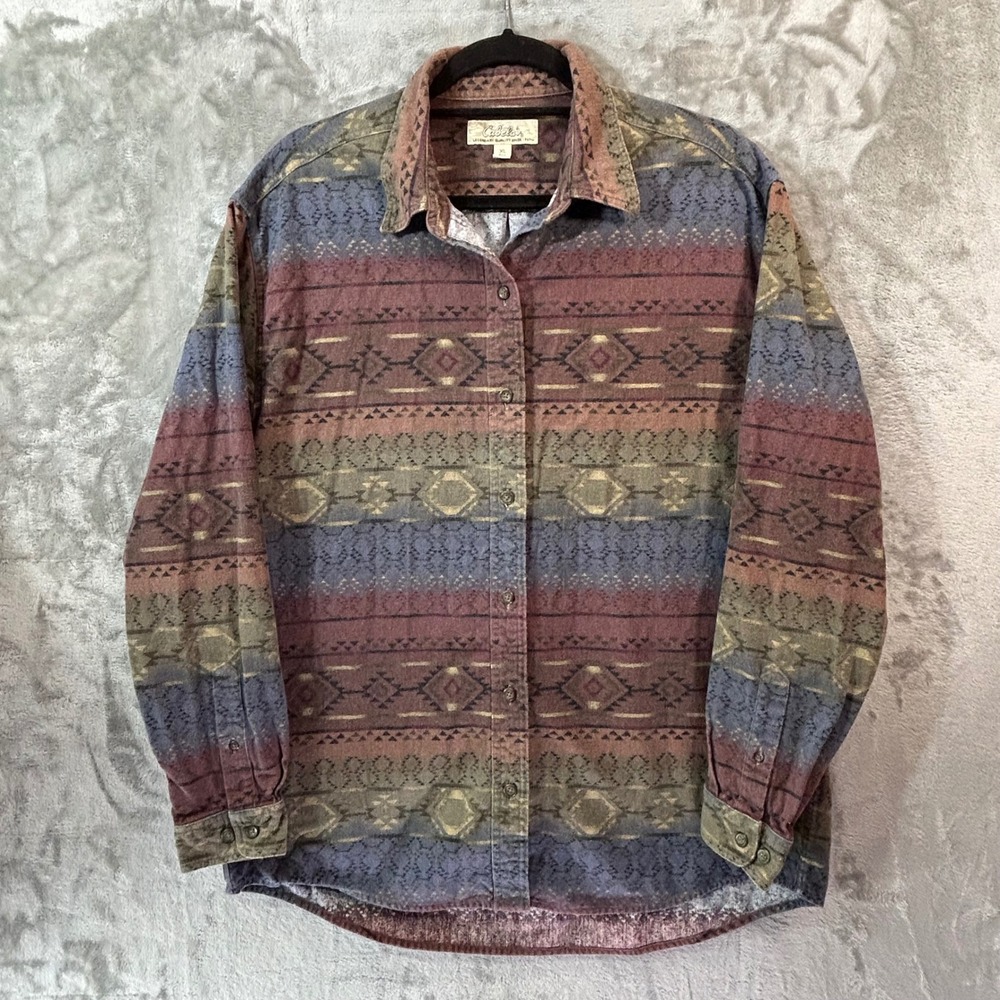 Cabelas Mens XL Southwestern Aztec Flannel Shirt Burgundy Olive Geometric Cotton